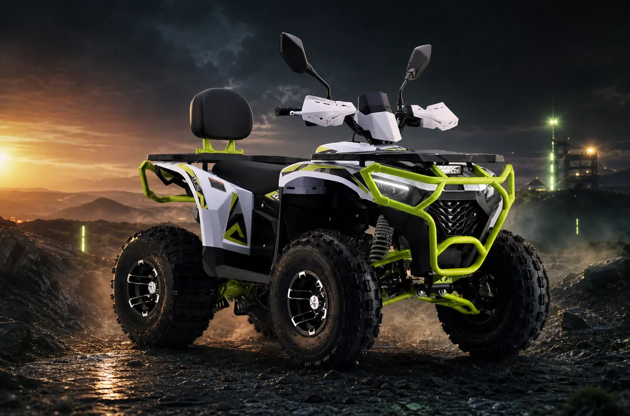 Quadriciclo adulto branco com detalhes verde-lima em cenário off-road